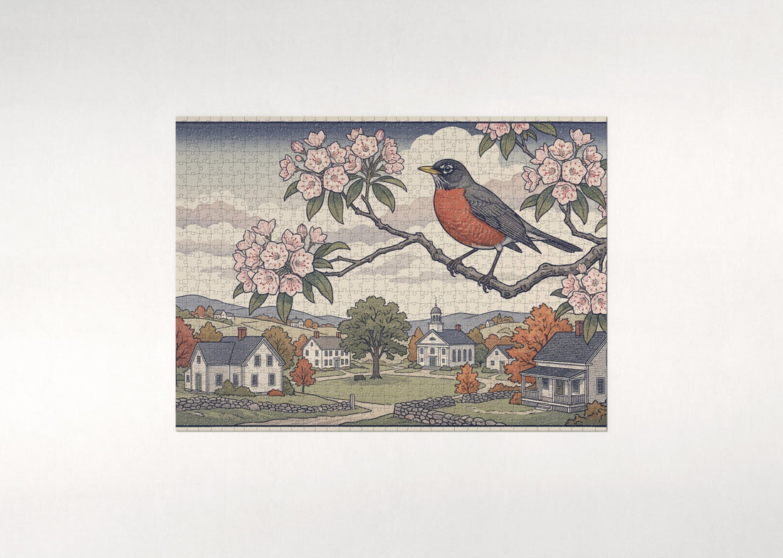 Connecticut State Bird and Flower: American Robin and Mountain Laurel jigsaw puzzle - gift box