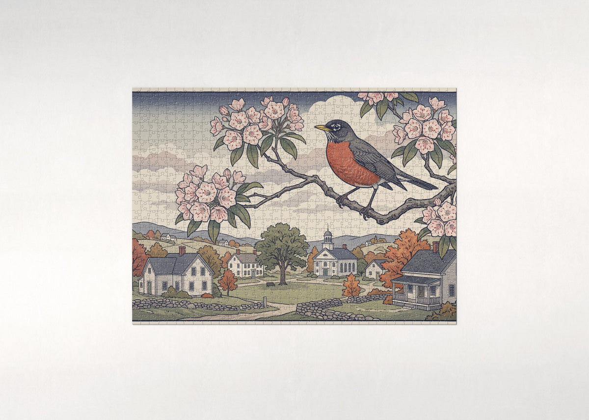 Connecticut State Bird and Flower: American Robin and Mountain Laurel jigsaw puzzle - flat puzzle