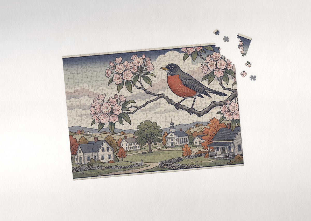 Connecticut State Bird and Flower: American Robin and Mountain Laurel jigsaw puzzle - puzzle with loose pieces