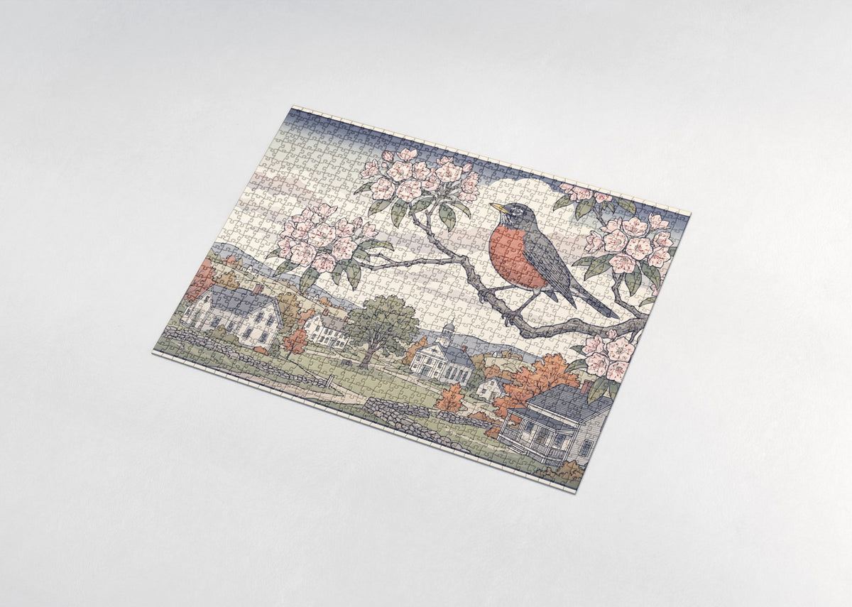 Connecticut State Bird and Flower: American Robin and Mountain Laurel jigsaw puzzle - assembled puzzle