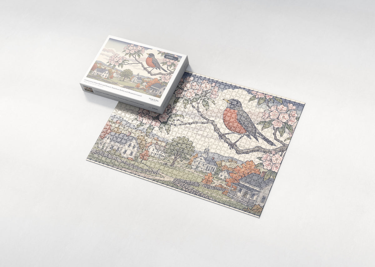 Connecticut State Bird and Flower: American Robin and Mountain Laurel jigsaw puzzle - box and puzzle