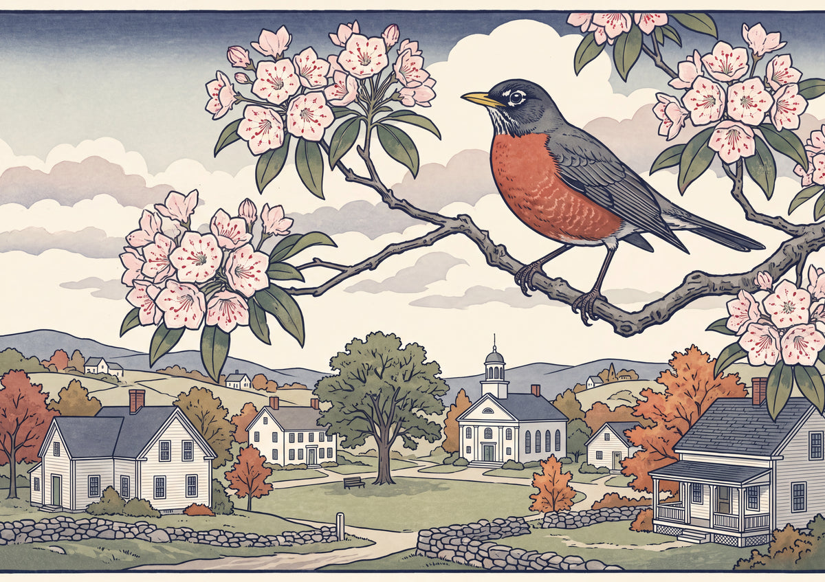 Connecticut State Bird and Flower: American Robin and Mountain Laurel jigsaw puzzle