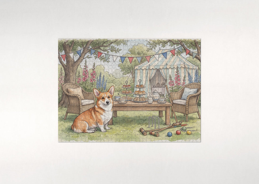 Corgi at the Lawn Tea Party jigsaw puzzle - gift box