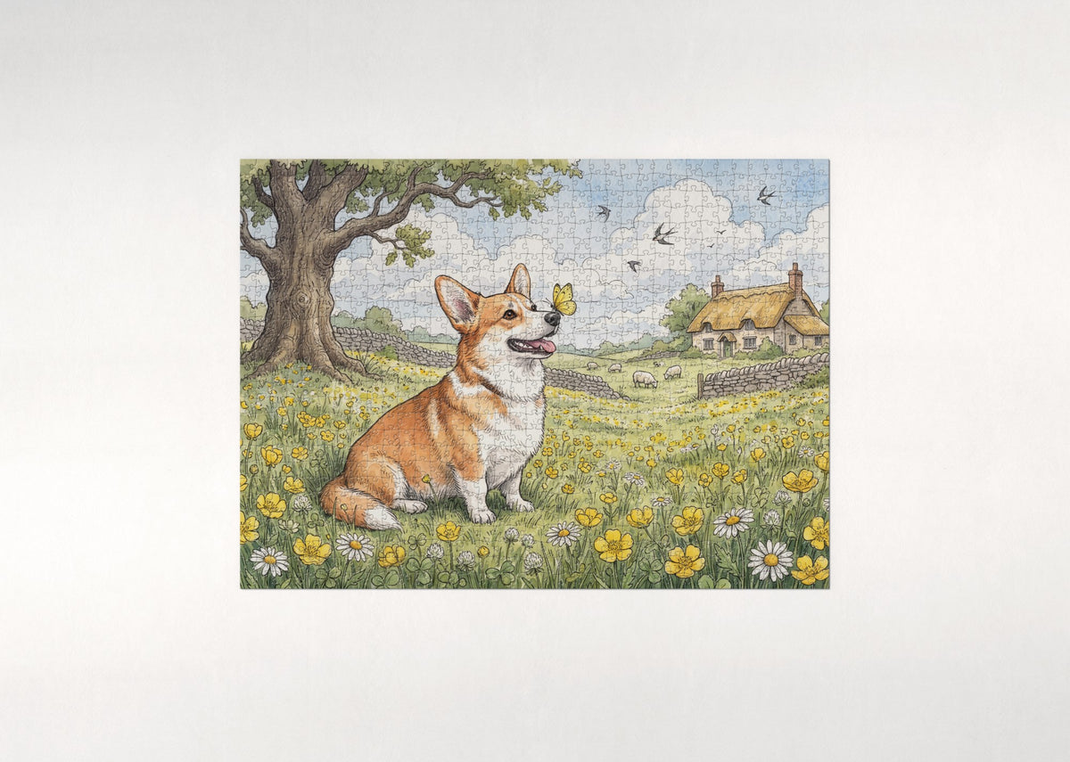 Corgi in the Buttercup Meadow jigsaw puzzle - flat puzzle