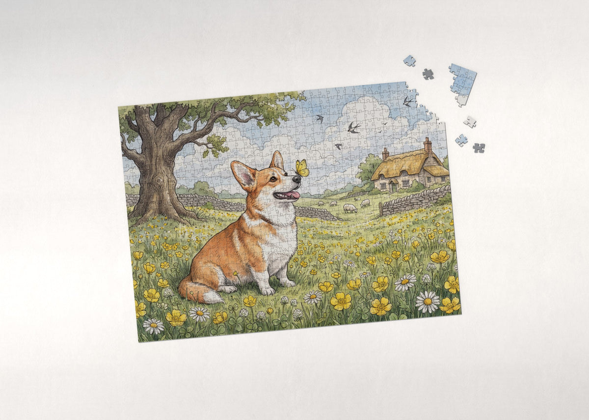 Corgi in the Buttercup Meadow jigsaw puzzle - puzzle with loose pieces