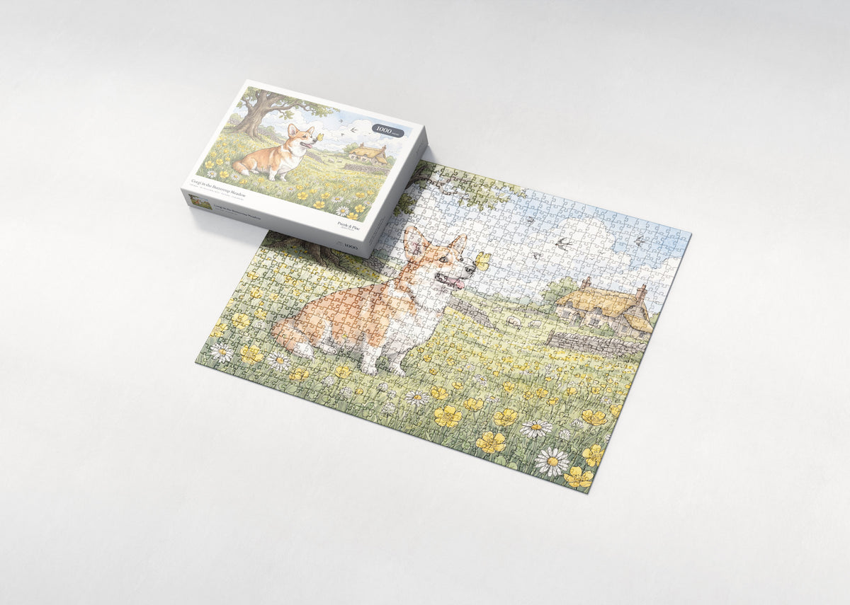 Corgi in the Buttercup Meadow jigsaw puzzle - box and puzzle