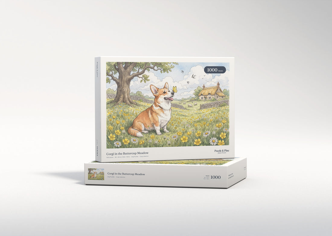 Corgi in the Buttercup Meadow jigsaw puzzle - gift box