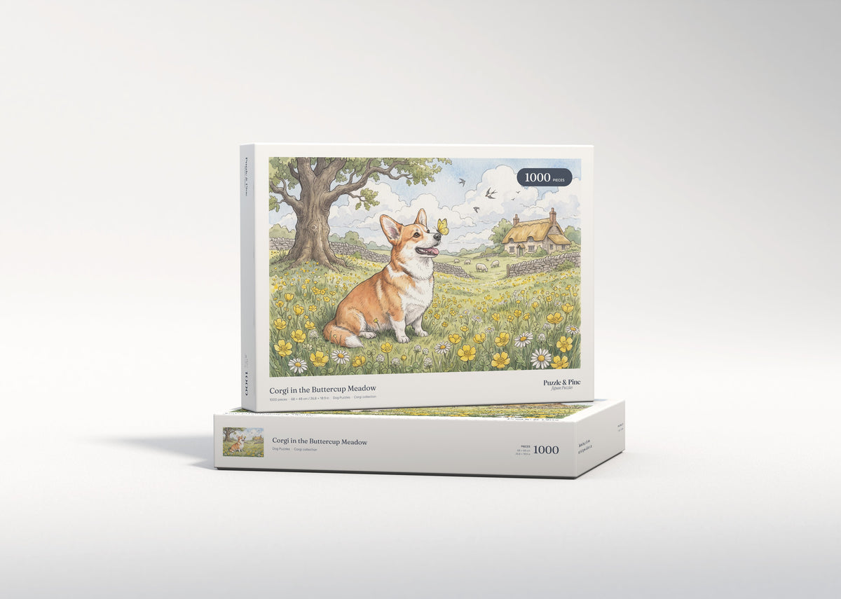 Corgi in the Buttercup Meadow jigsaw puzzle - gift box