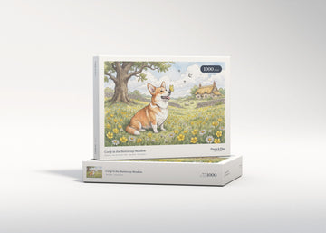 Corgi in the Buttercup Meadow jigsaw puzzle - gift box