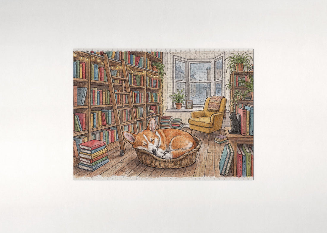 Corgi in the Cozy Bookshop jigsaw puzzle - gift box