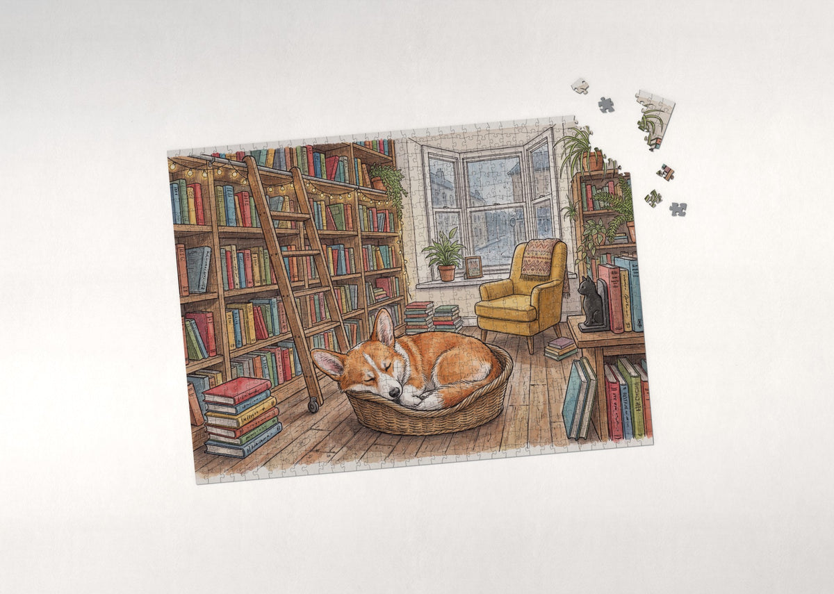 Corgi in the Cozy Bookshop jigsaw puzzle - puzzle with loose pieces