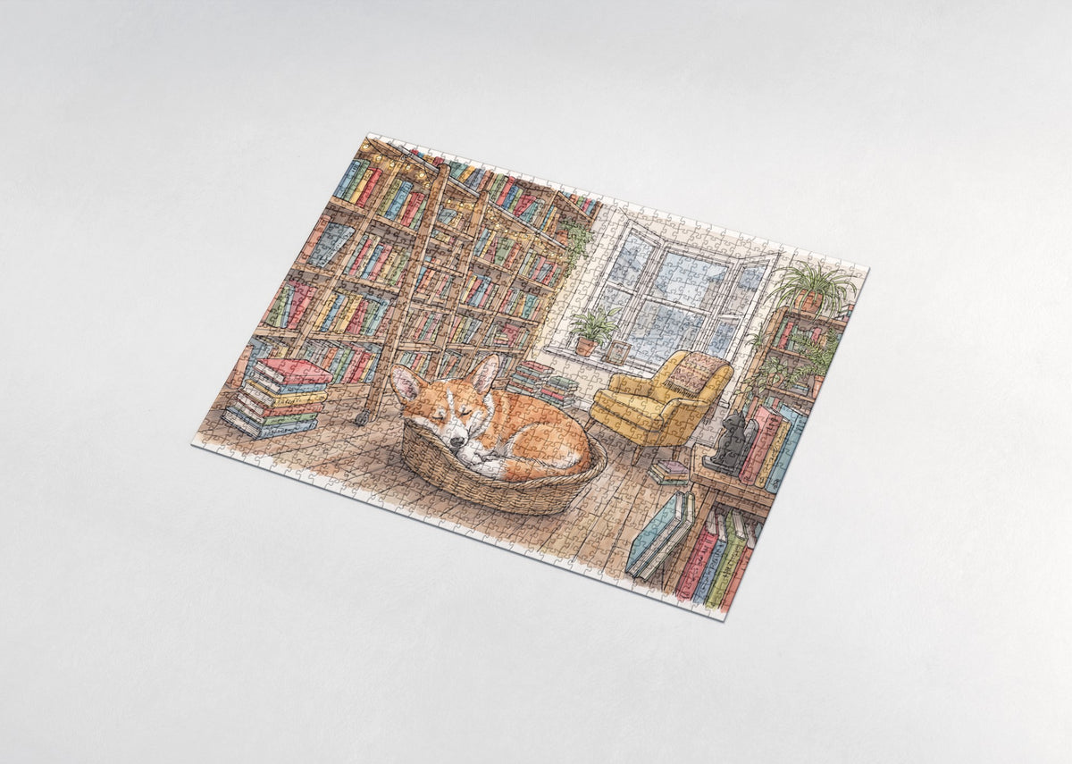 Corgi in the Cozy Bookshop jigsaw puzzle - assembled puzzle