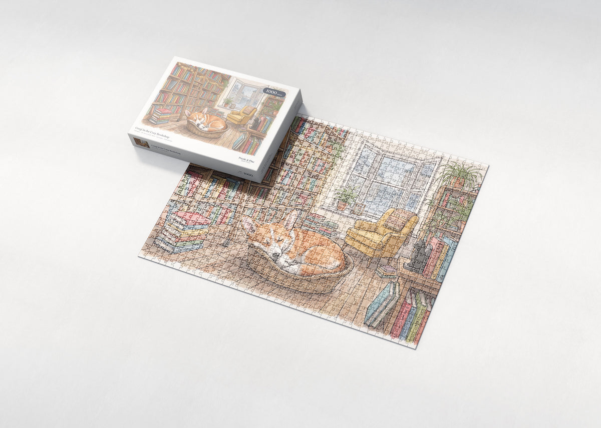 Corgi in the Cozy Bookshop jigsaw puzzle - box and puzzle
