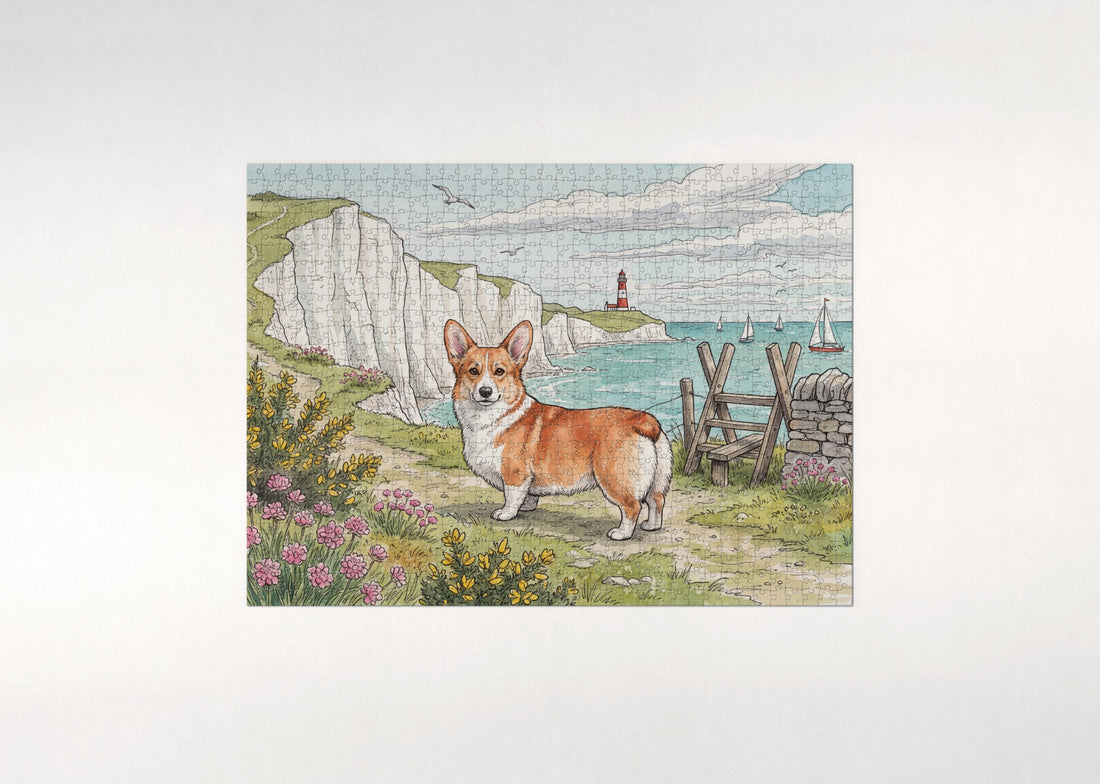 Corgi on the Seaside Cliff Walk jigsaw puzzle - gift box
