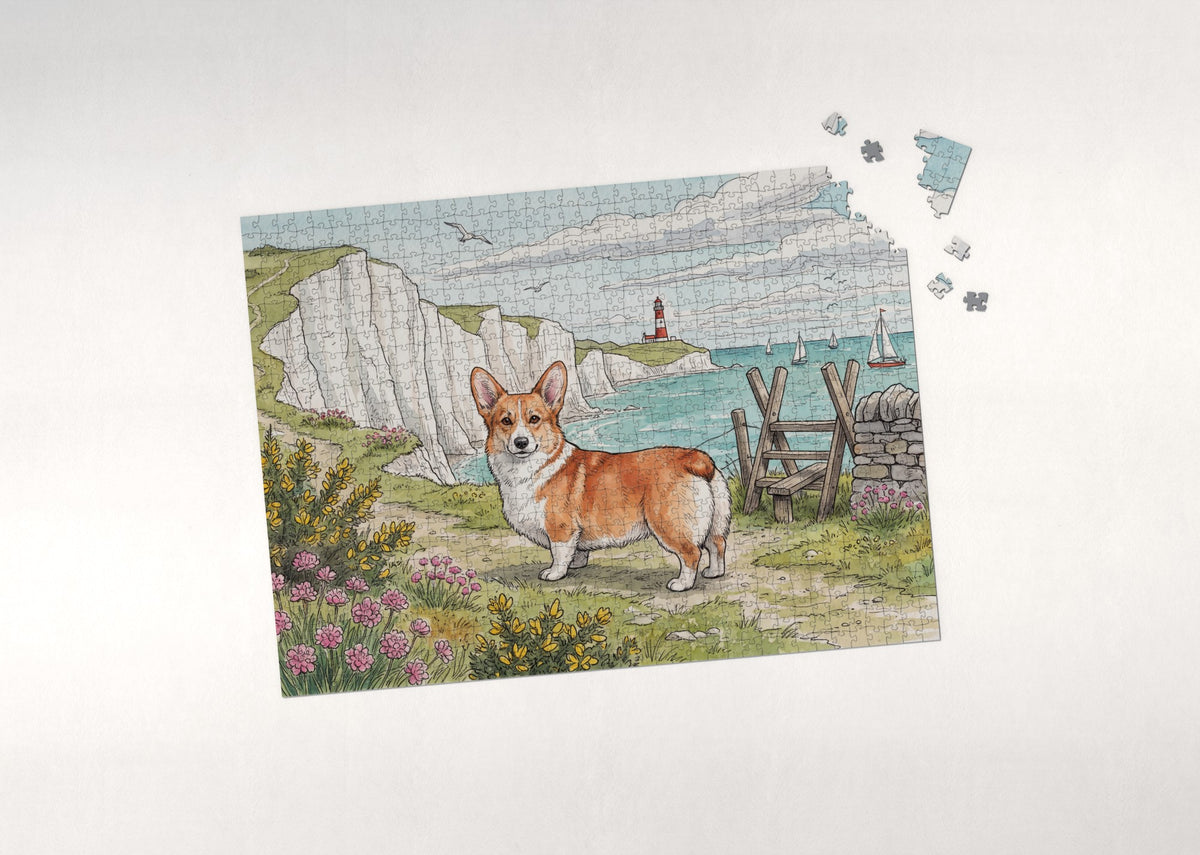 Corgi on the Seaside Cliff Walk jigsaw puzzle - puzzle with loose pieces