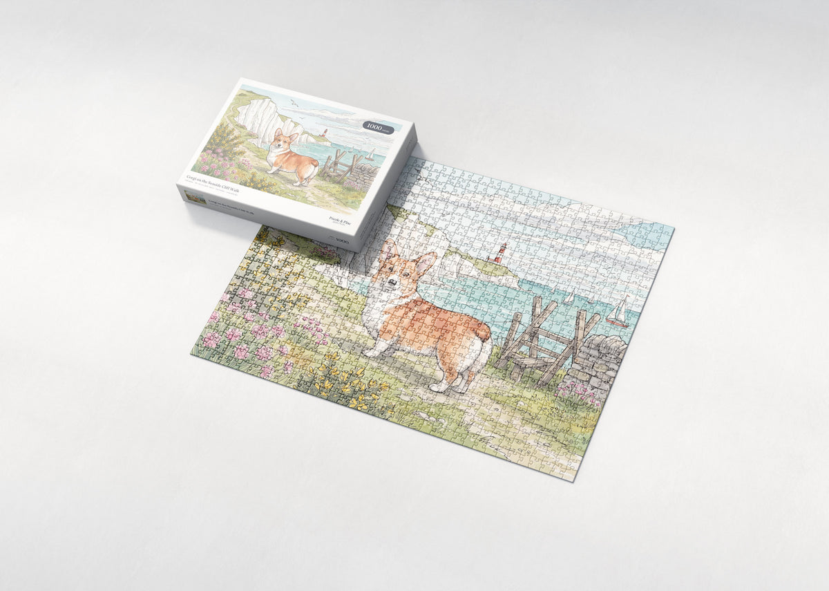 Corgi on the Seaside Cliff Walk jigsaw puzzle - box and puzzle