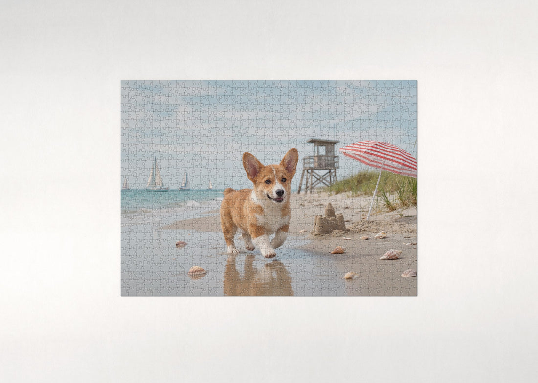 Corgi Puppy on the Beach jigsaw puzzle - gift box