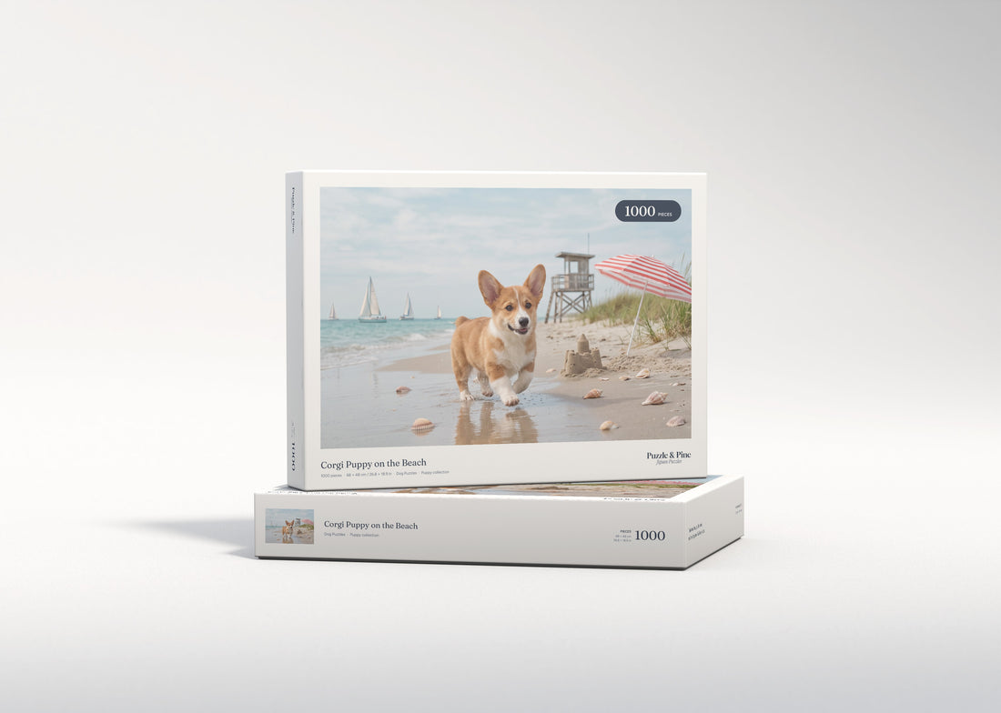 Corgi Puppy on the Beach jigsaw puzzle - gift box