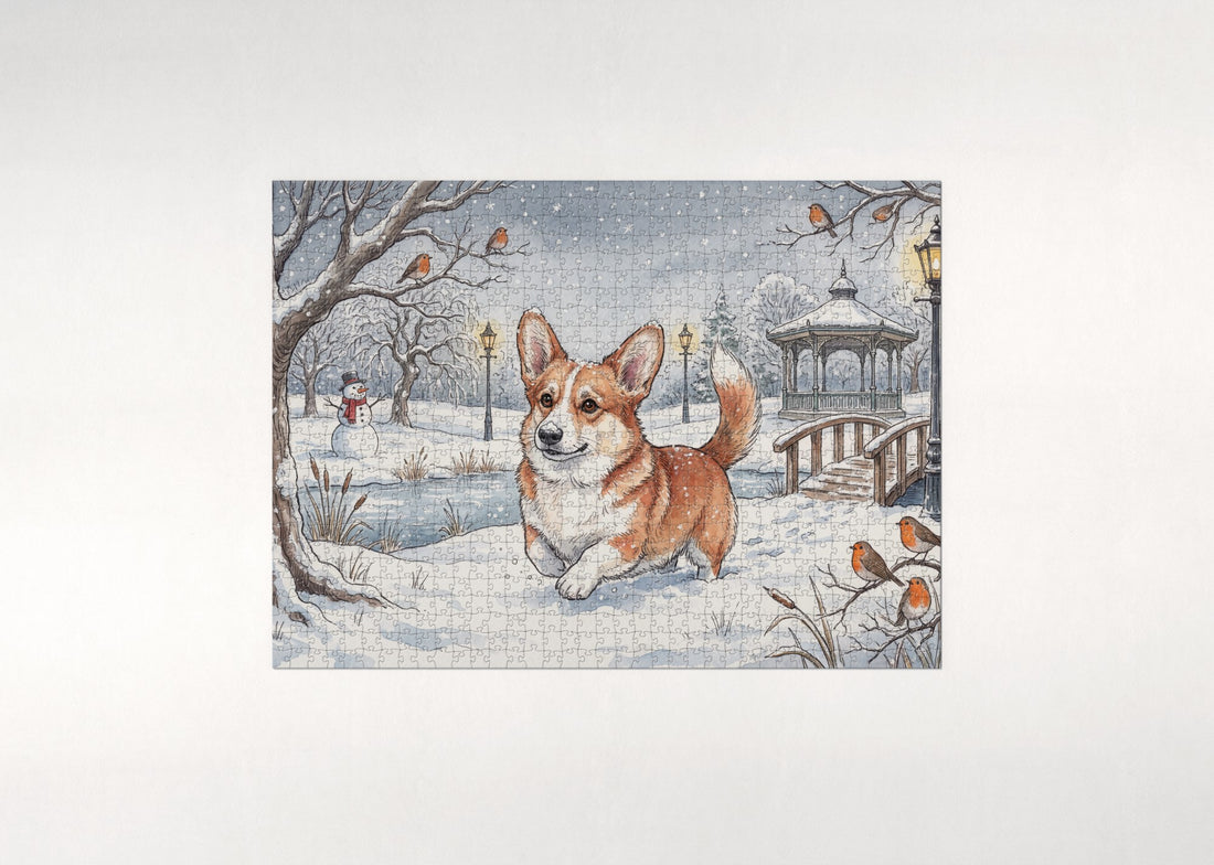 Corgi Snow Day in the Park jigsaw puzzle - gift box
