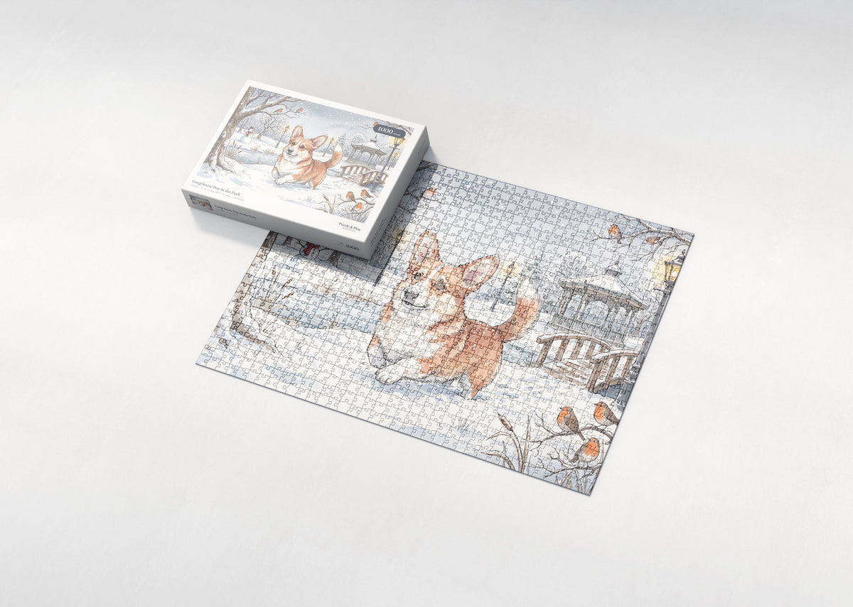 Corgi Snow Day in the Park jigsaw puzzle - box and puzzle