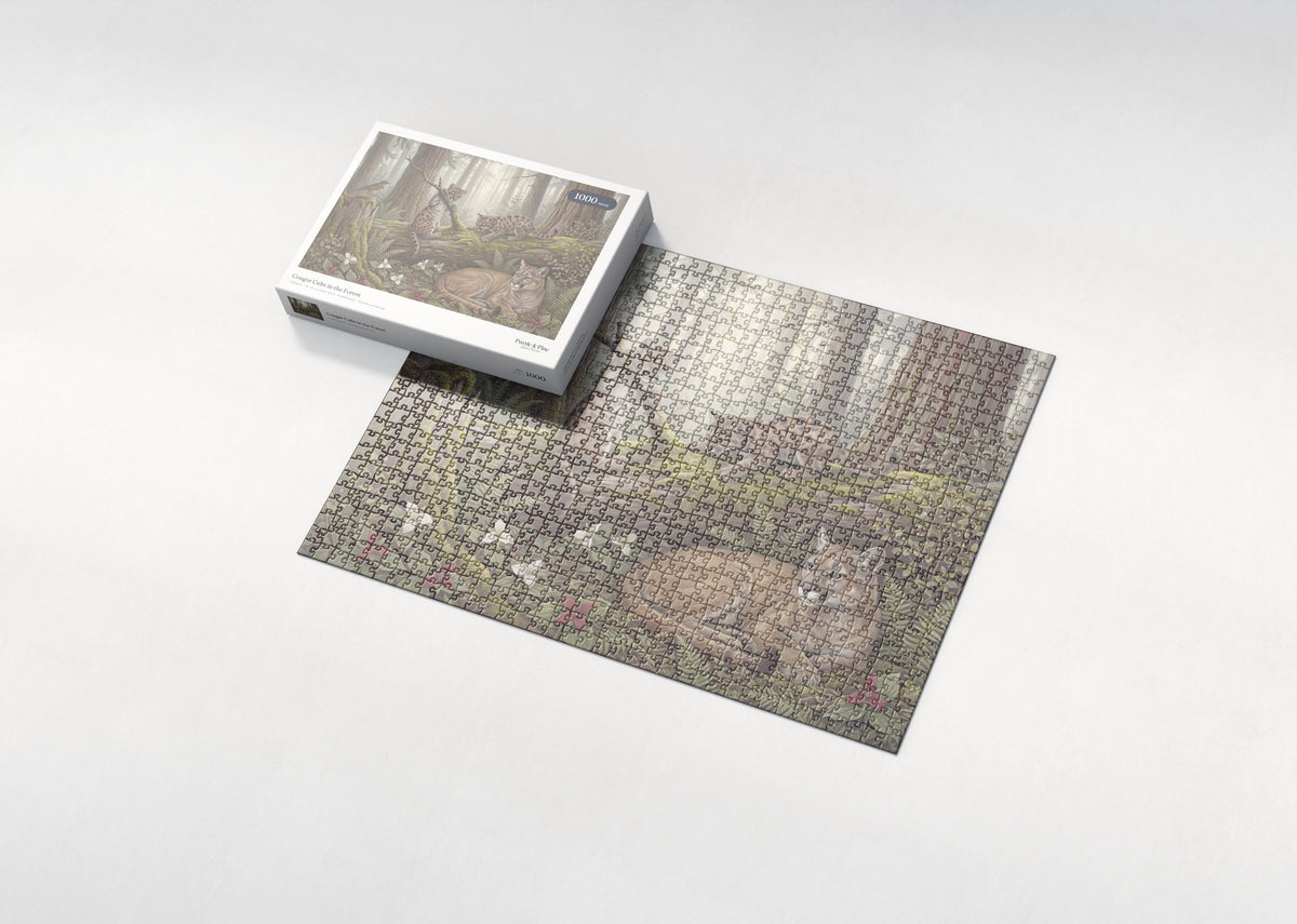 Cougar Cubs in the Forest jigsaw puzzle - box and puzzle