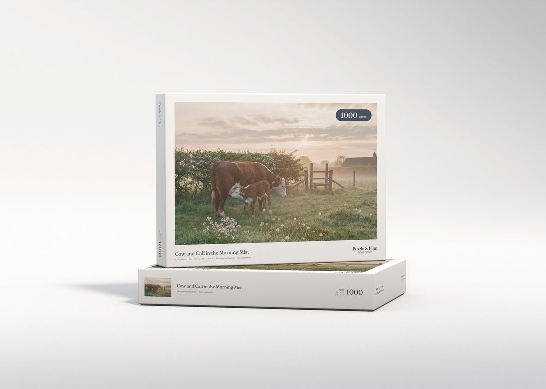 Cow and Calf in the Morning Mist jigsaw puzzle - gift box