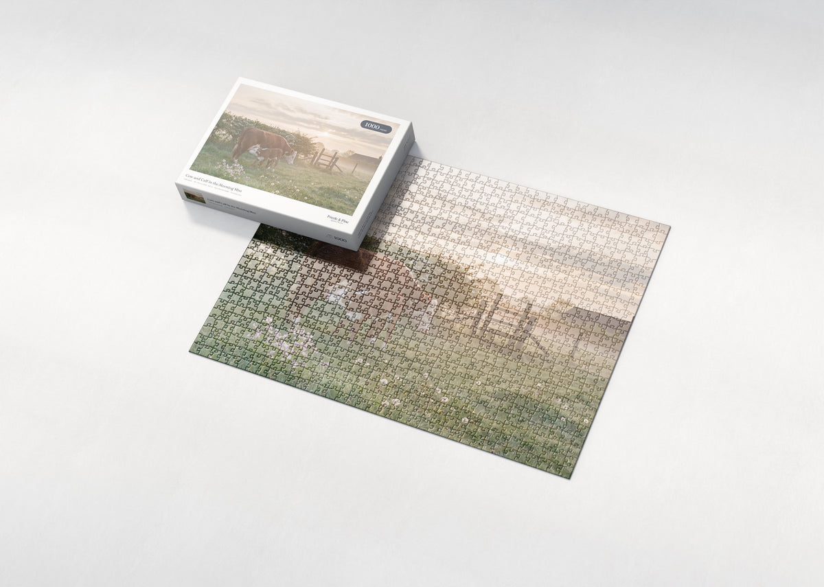 Cow and Calf in the Morning Mist jigsaw puzzle - box and puzzle