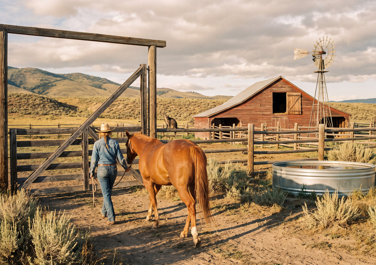 Cowgirl and Horse at the Ranch Gate jigsaw puzzle