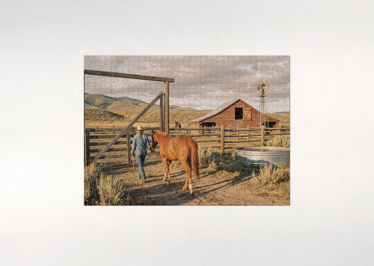 Cowgirl and Horse at the Ranch Gate jigsaw puzzle - flat puzzle