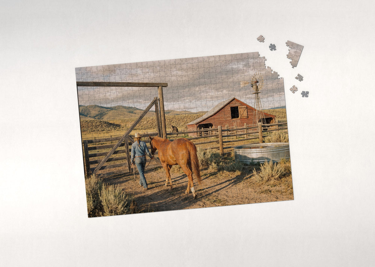 Cowgirl and Horse at the Ranch Gate jigsaw puzzle - puzzle with loose pieces