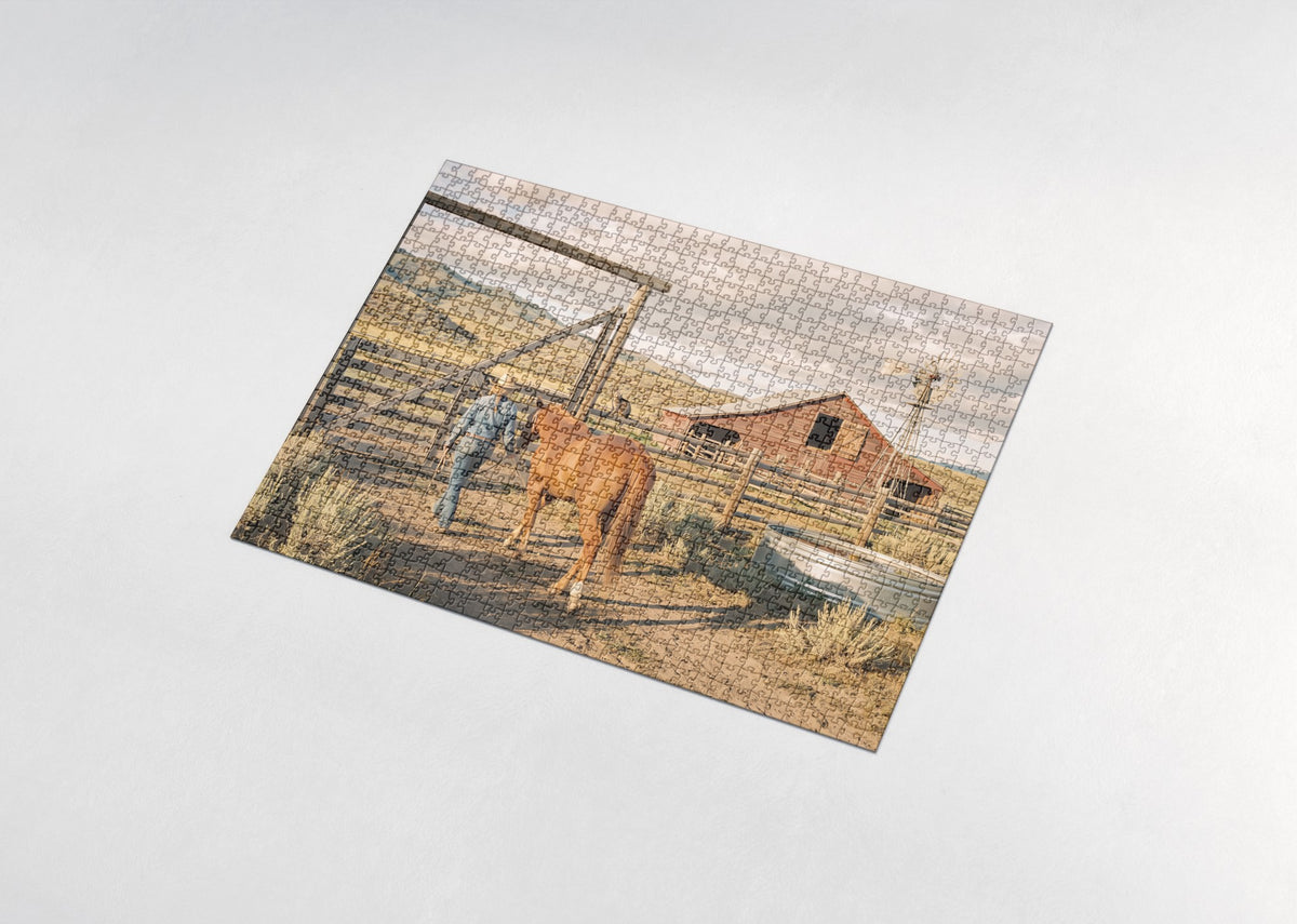 Cowgirl and Horse at the Ranch Gate jigsaw puzzle - assembled puzzle
