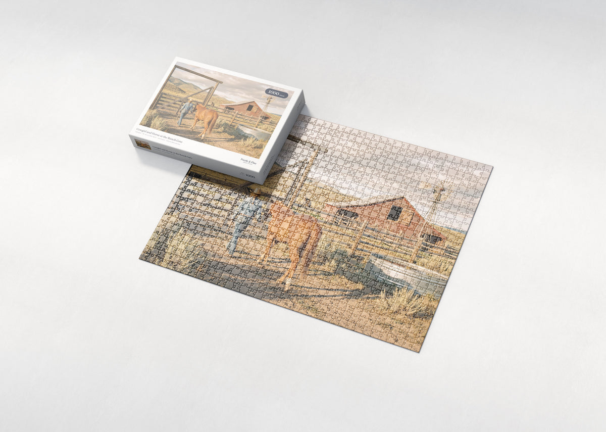 Cowgirl and Horse at the Ranch Gate jigsaw puzzle - box and puzzle