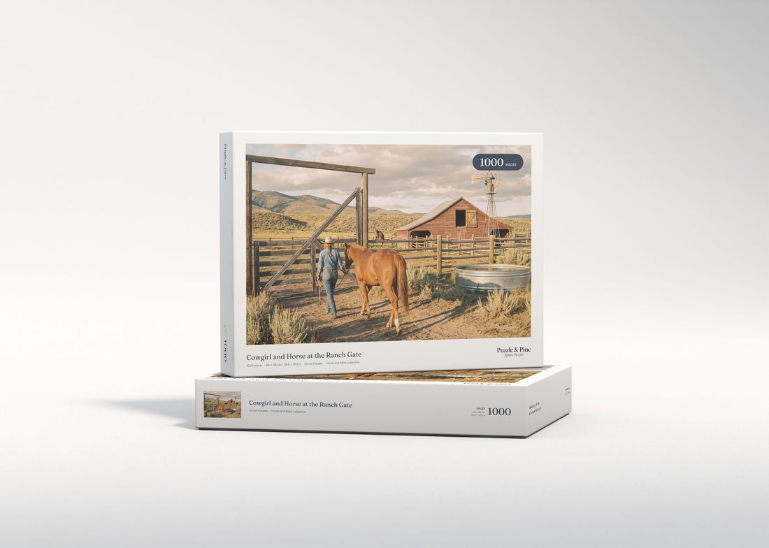 Cowgirl and Horse at the Ranch Gate jigsaw puzzle - gift box