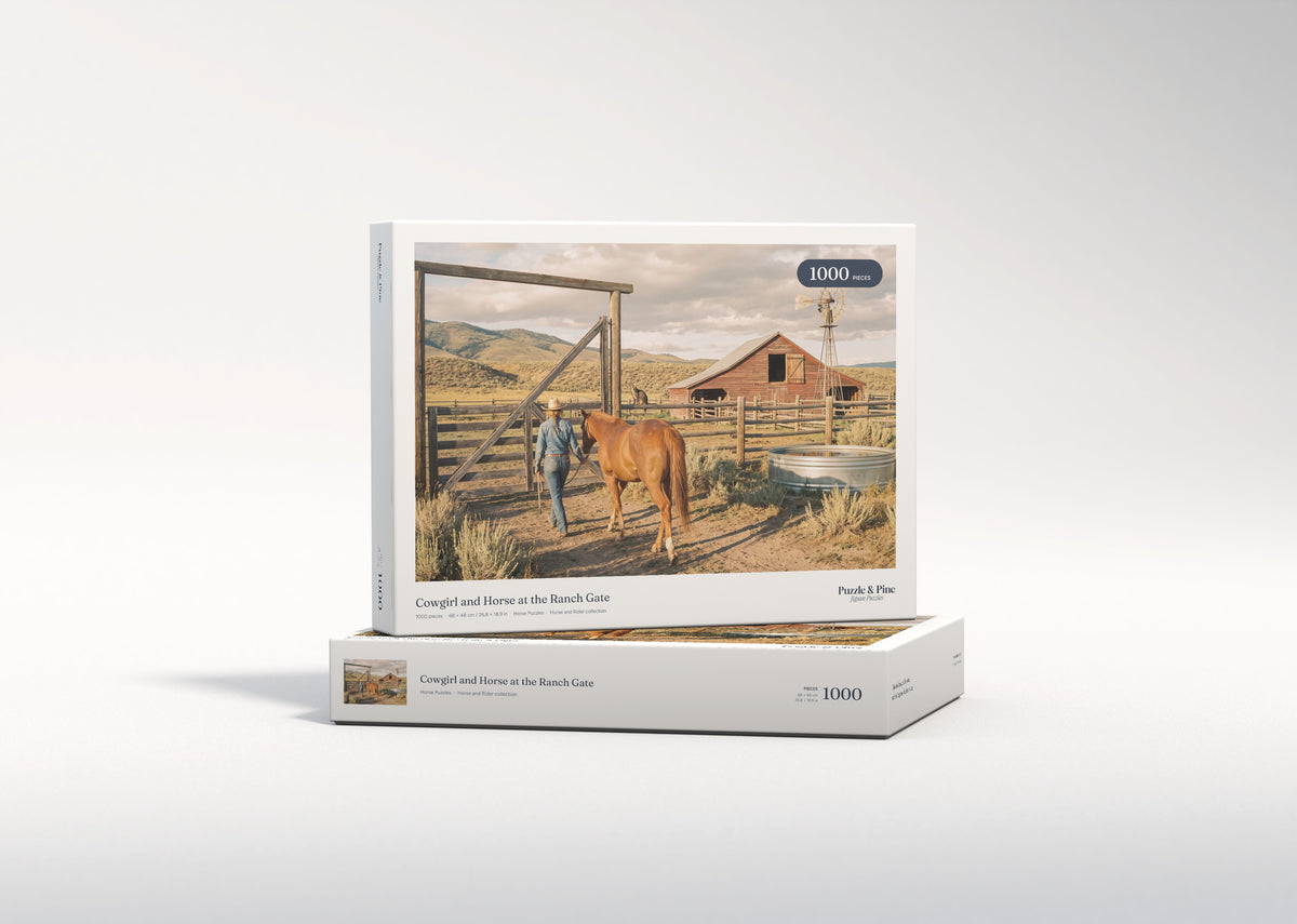 Cowgirl and Horse at the Ranch Gate jigsaw puzzle - gift box