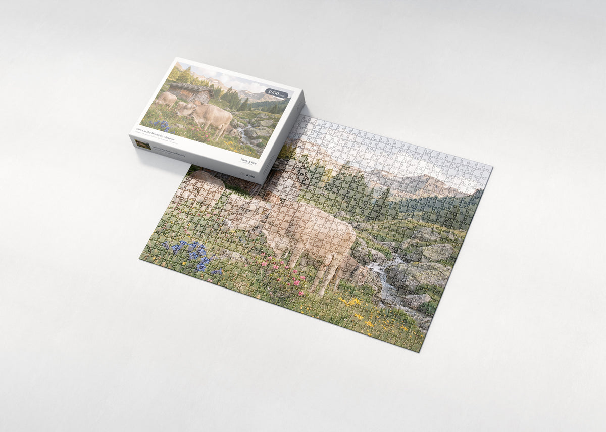Cows at the Mountain Meadow jigsaw puzzle - box and puzzle