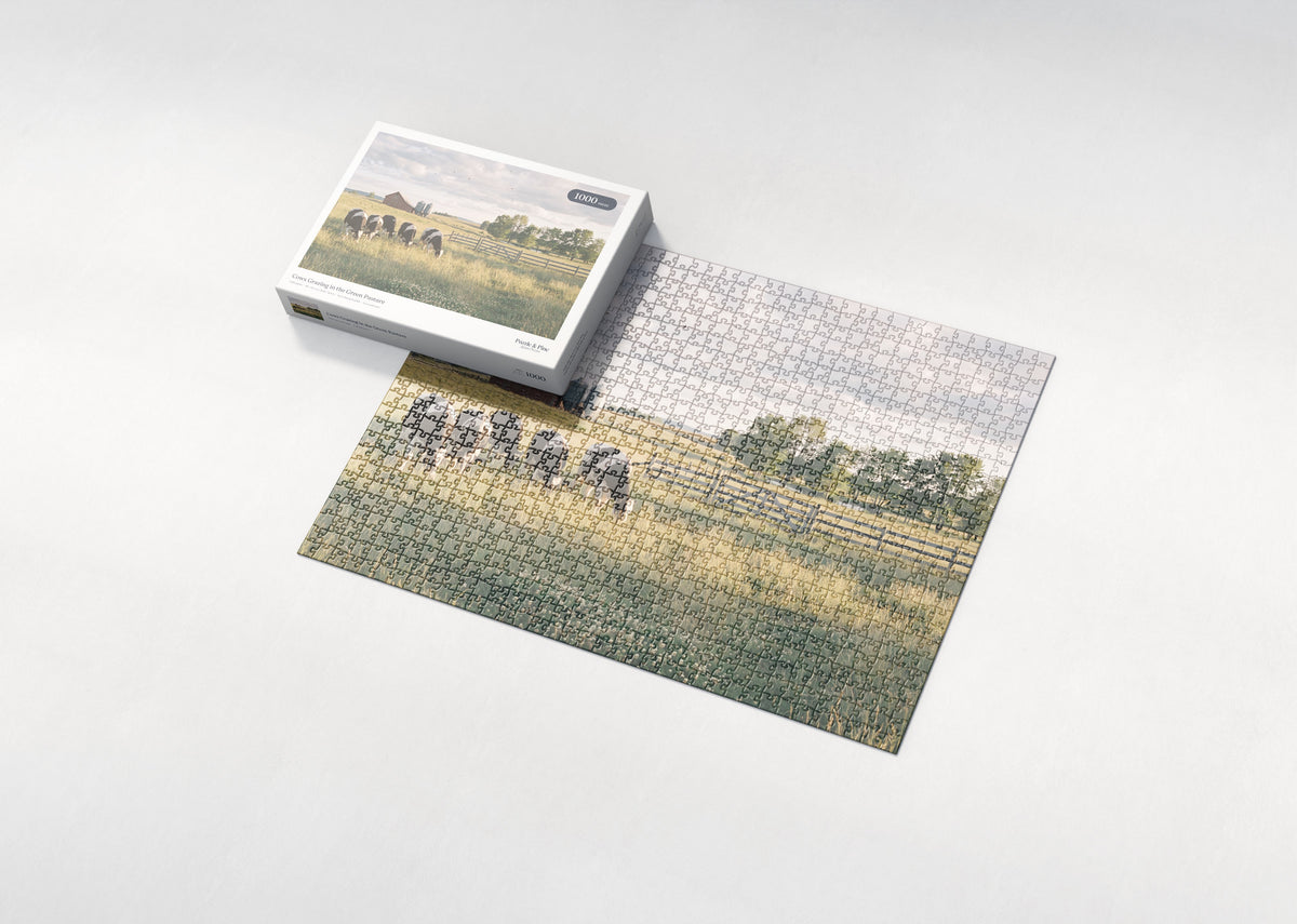 Cows Grazing in the Green Pasture jigsaw puzzle - box and puzzle