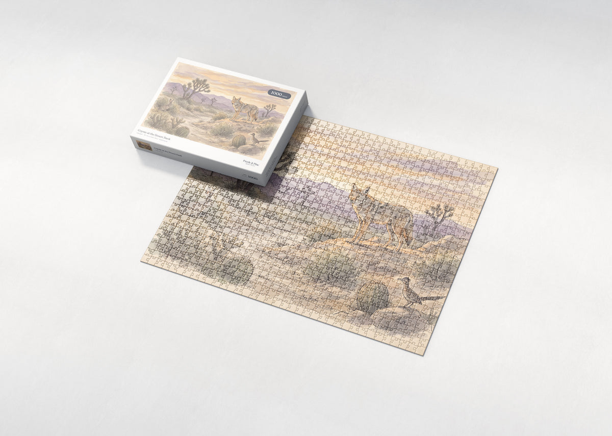 Coyote at the Desert Dusk jigsaw puzzle - box and puzzle