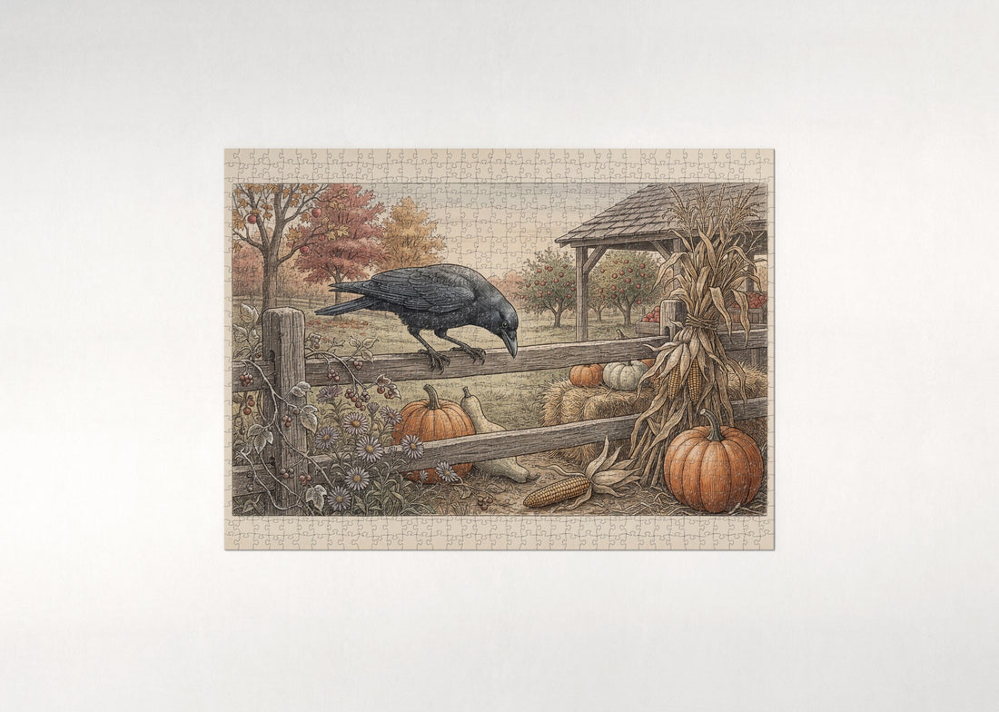 Crow Perched on the Pumpkin Fence jigsaw puzzle - gift box