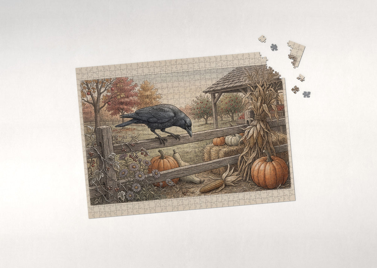 Crow Perched on the Pumpkin Fence jigsaw puzzle - puzzle with loose pieces