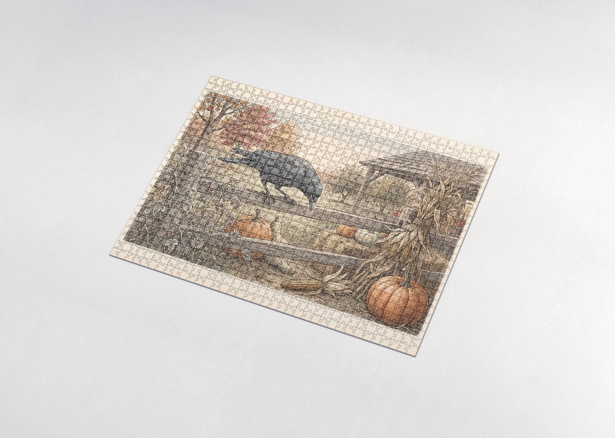 Crow Perched on the Pumpkin Fence jigsaw puzzle - assembled puzzle