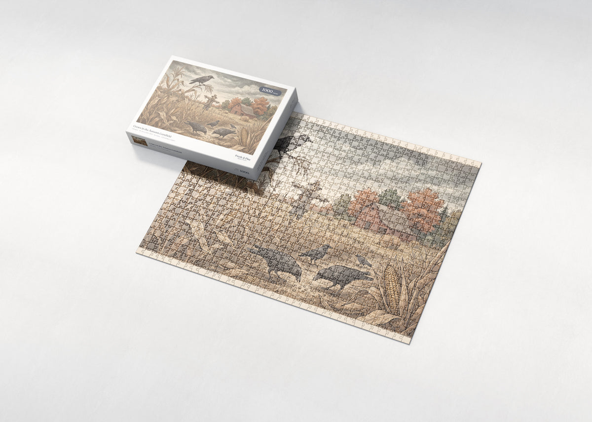 Crows in the Autumn Cornfield jigsaw puzzle - box and puzzle