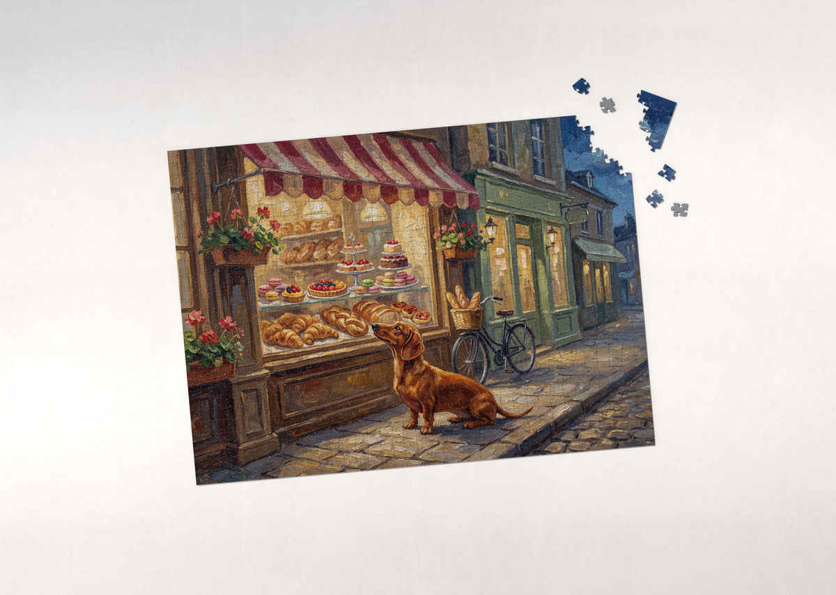 Dachshund at the Bakery Window jigsaw puzzle - puzzle with loose pieces