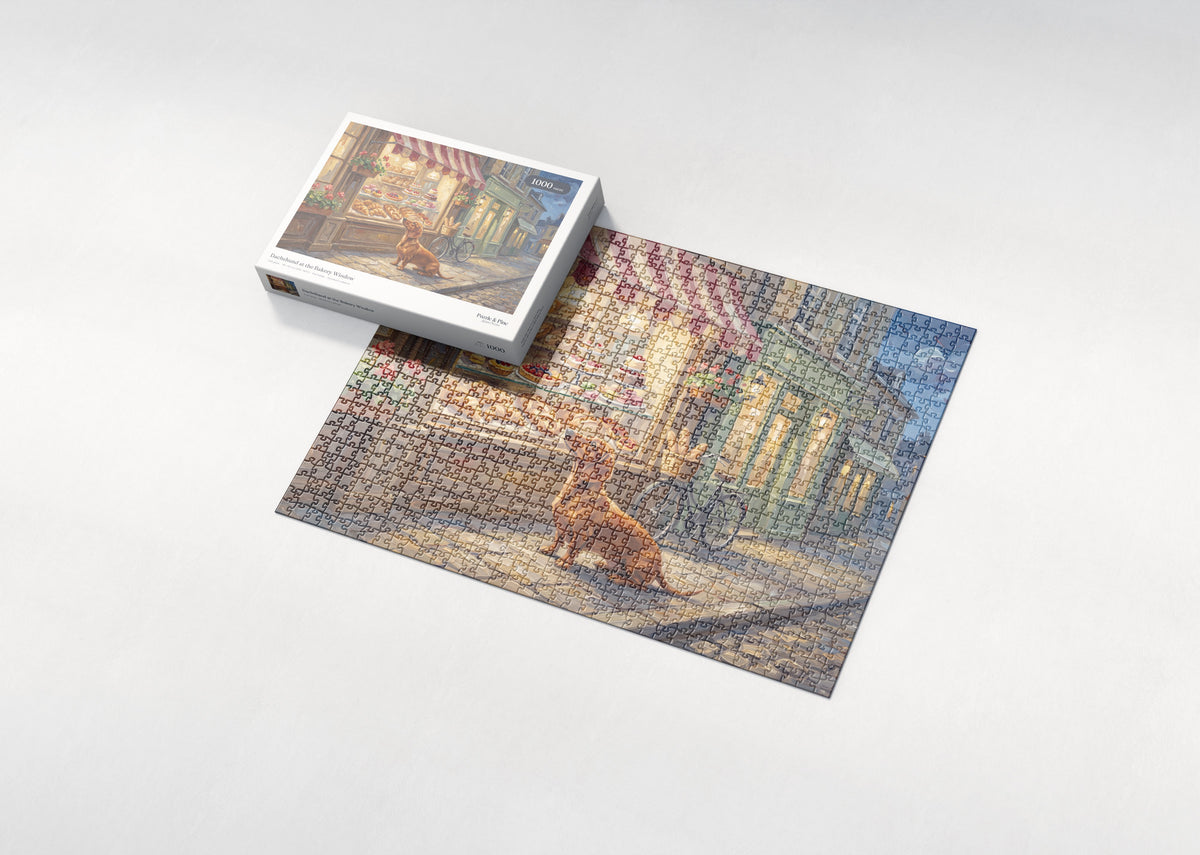 Dachshund at the Bakery Window jigsaw puzzle - box and puzzle