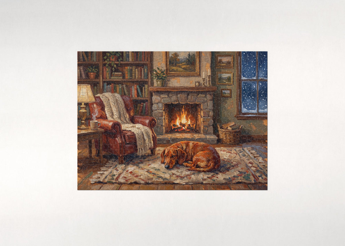 Dachshund by the Fireside Reading Nook jigsaw puzzle - flat puzzle