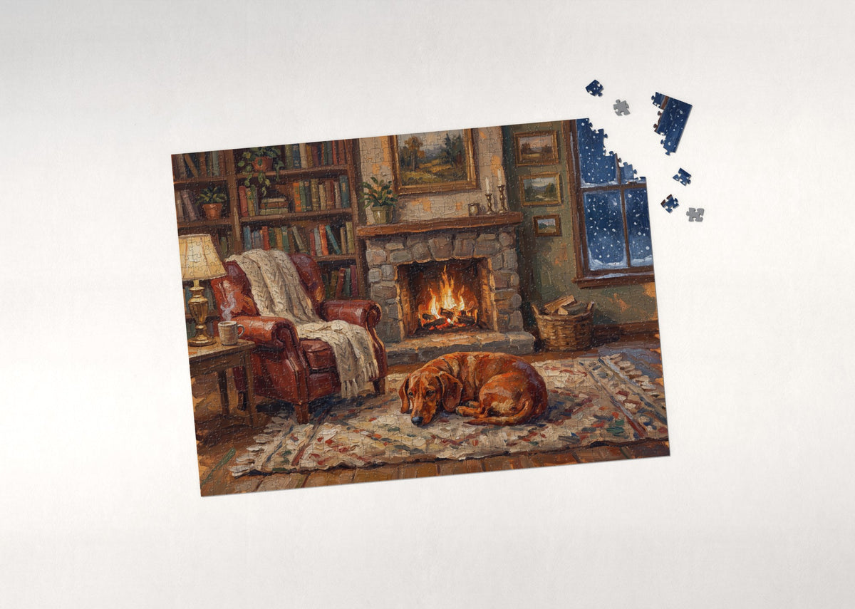 Dachshund by the Fireside Reading Nook jigsaw puzzle - puzzle with loose pieces