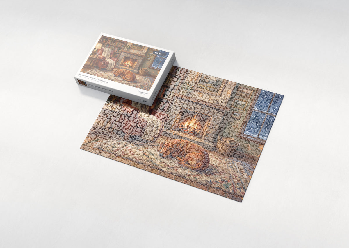 Dachshund by the Fireside Reading Nook jigsaw puzzle - box and puzzle