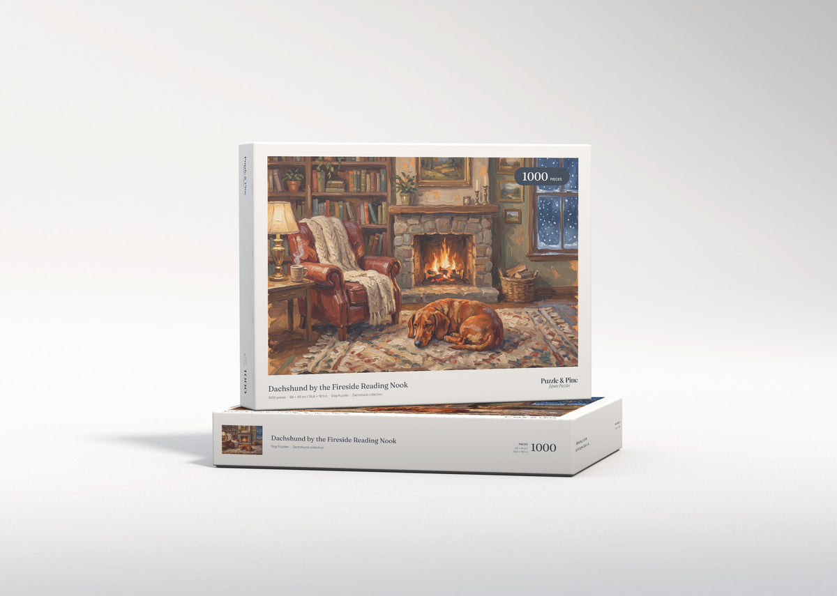 Dachshund by the Fireside Reading Nook jigsaw puzzle - gift box
