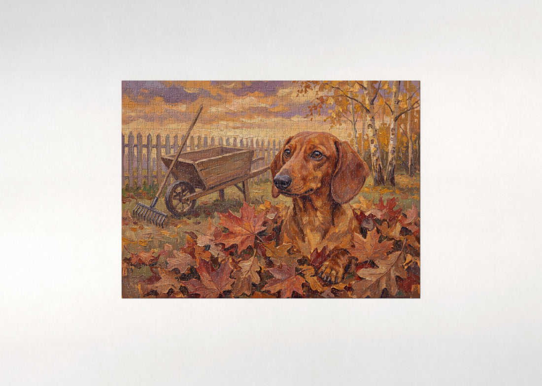Dachshund in the Autumn Leaf Pile jigsaw puzzle - gift box