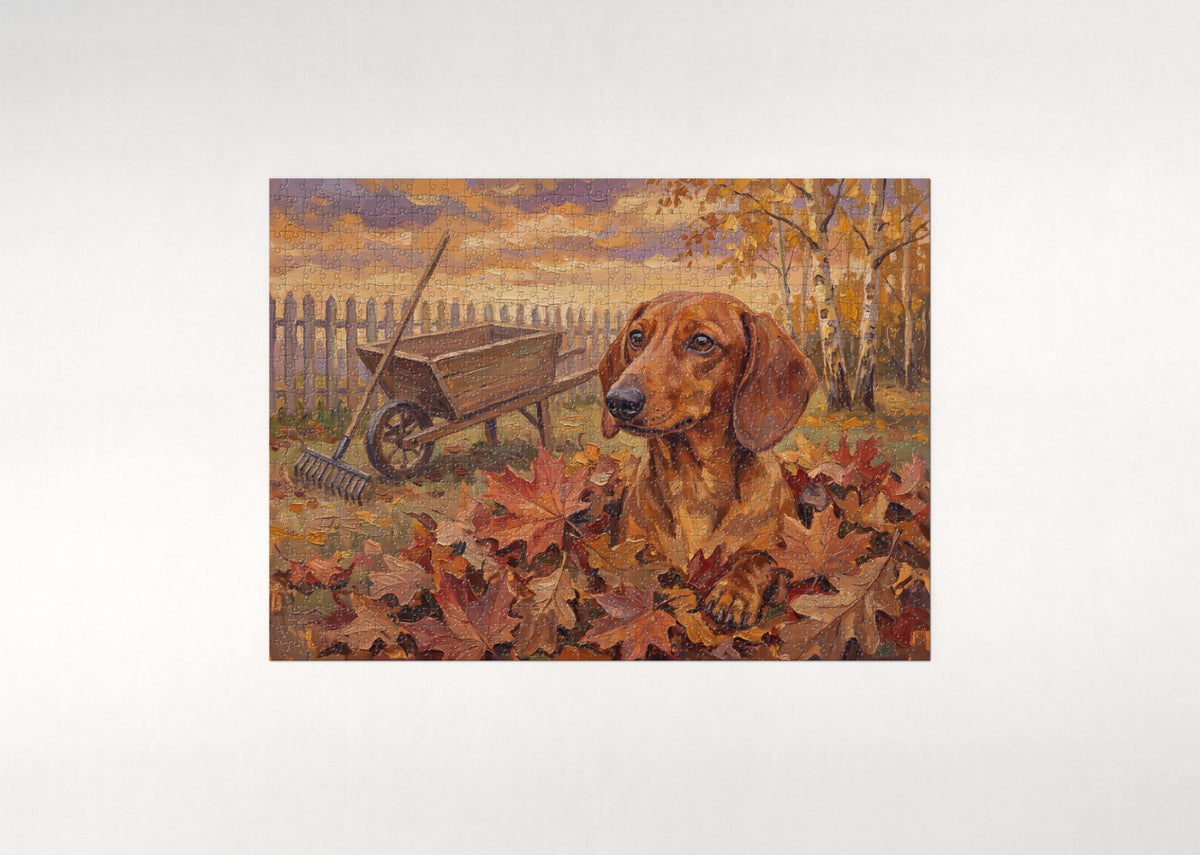 Dachshund in the Autumn Leaf Pile jigsaw puzzle - flat puzzle