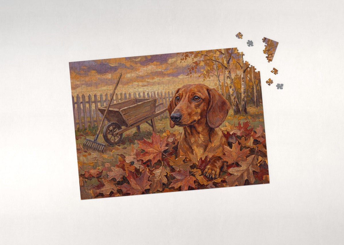 Dachshund in the Autumn Leaf Pile jigsaw puzzle - puzzle with loose pieces